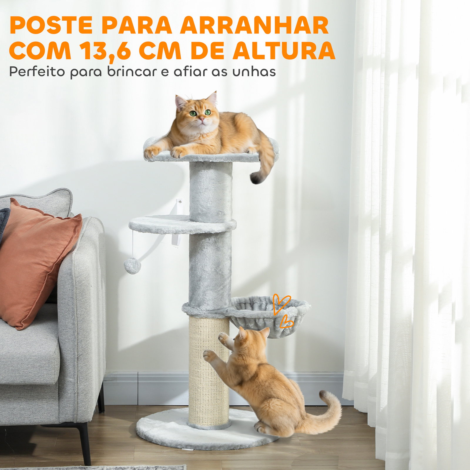 Arranhador para gatos 103,5 cm torre para gatos com cama rede plataforma poste de sisal extra grosso bola pendurada cinza claro