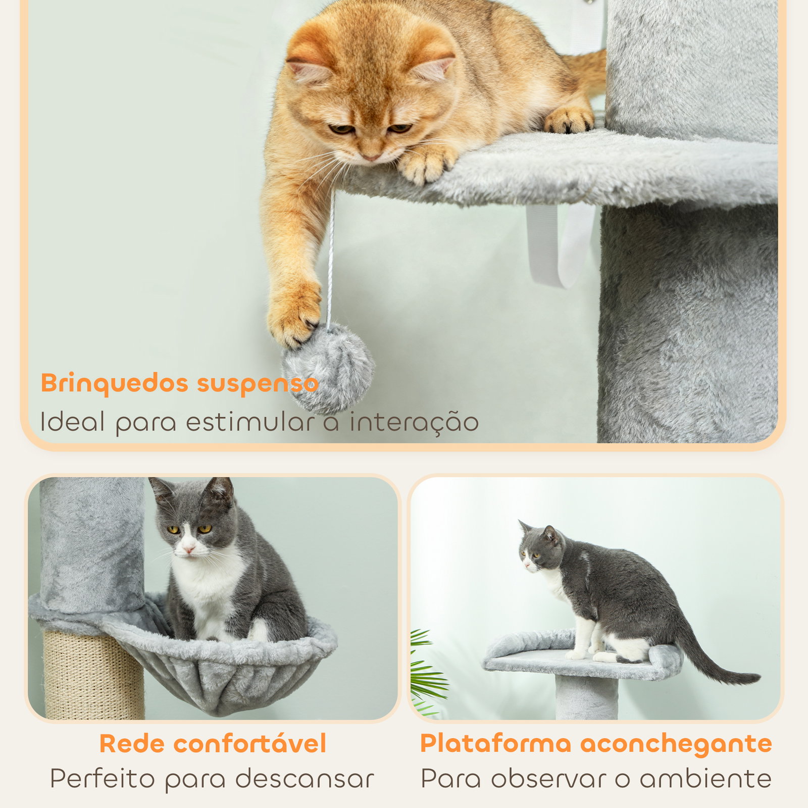 Arranhador para gatos 103,5 cm torre para gatos com cama rede plataforma poste de sisal extra grosso bola pendurada cinza claro