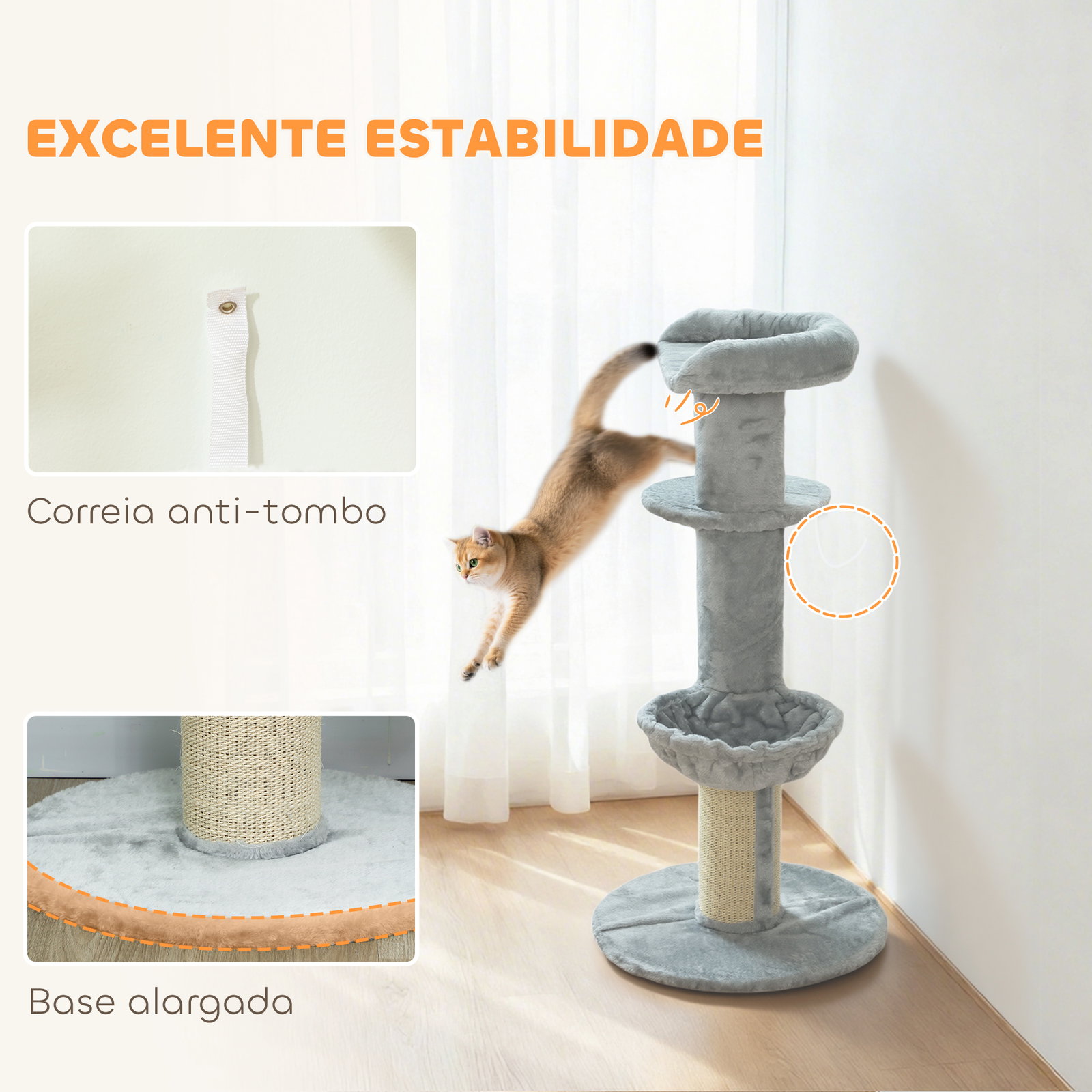 Arranhador para gatos 103,5 cm torre para gatos com cama rede plataforma poste de sisal extra grosso bola pendurada cinza claro