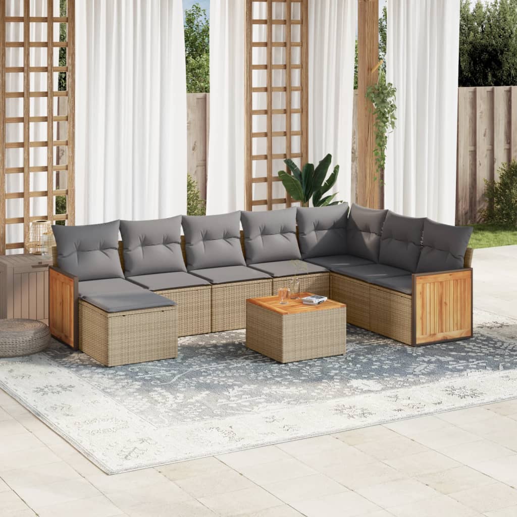 9 Pcs conjunto de sofás p/ jardim com almofadões vime PE bege