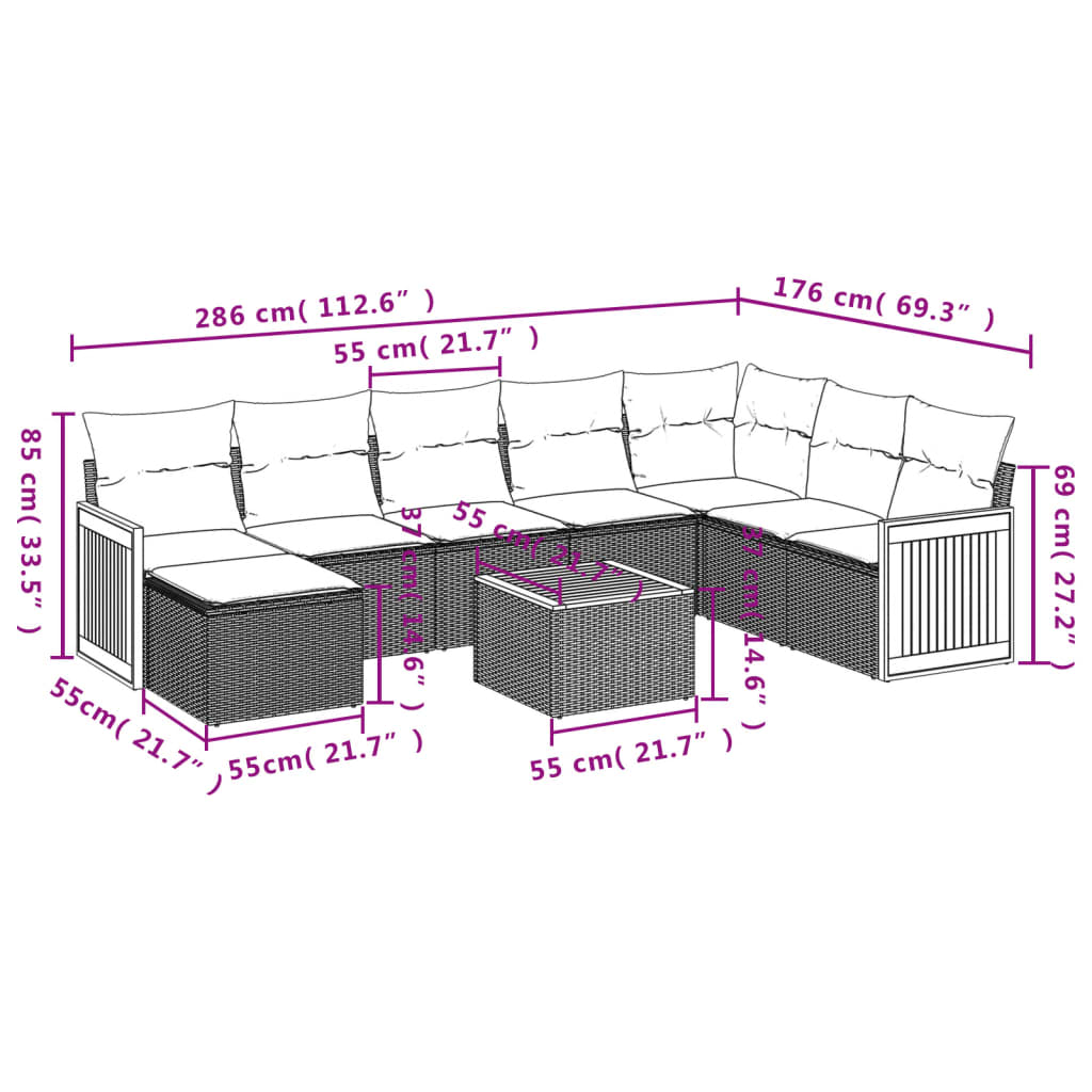 9 Pcs conjunto de sofás p/ jardim com almofadões vime PE bege
