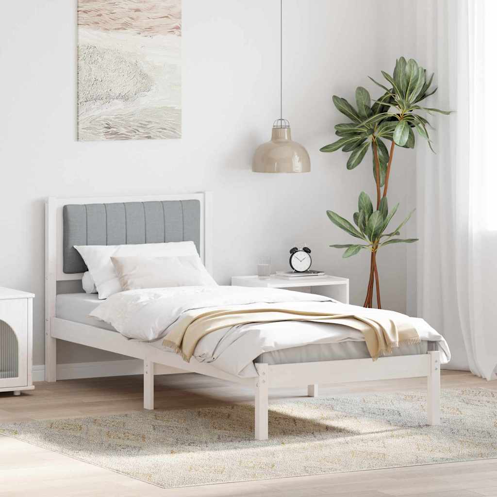 Estrutura de cama com cabeceira estofada cinzento-claro