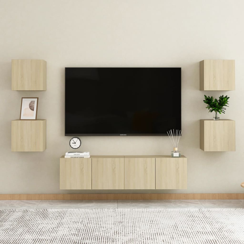 6 Pcs conjunto móveis de TV derivados madeira carvalho sonoma