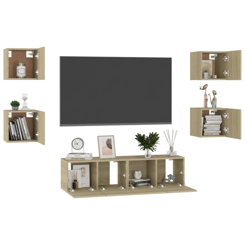 6 Pcs conjunto móveis de TV derivados madeira carvalho sonoma