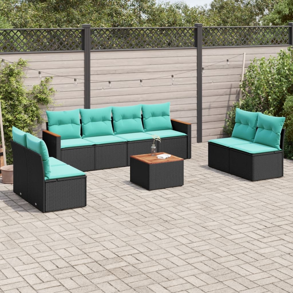Conjunto de sofá de jardim de 9 peças com almofadas em rattan sintético preto