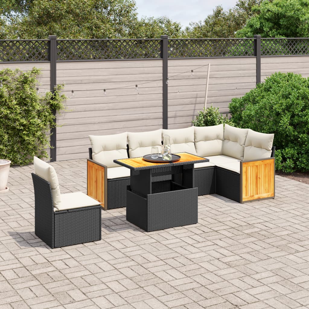 7 Pcs conjunto de sofás p/ jardim c/ almofadões vime PE preto