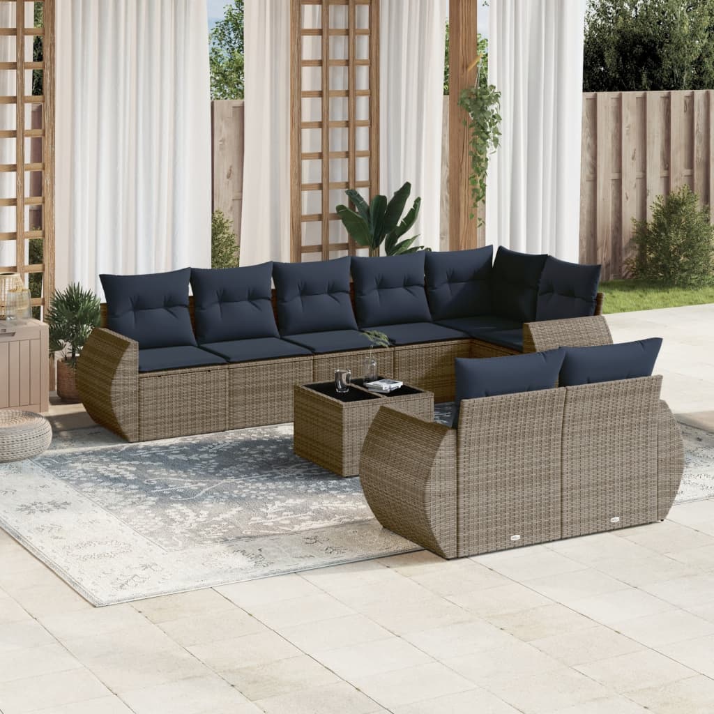 Conjunto de sofá de jardim de 9 peças com almofadas em rattan sintético cinza