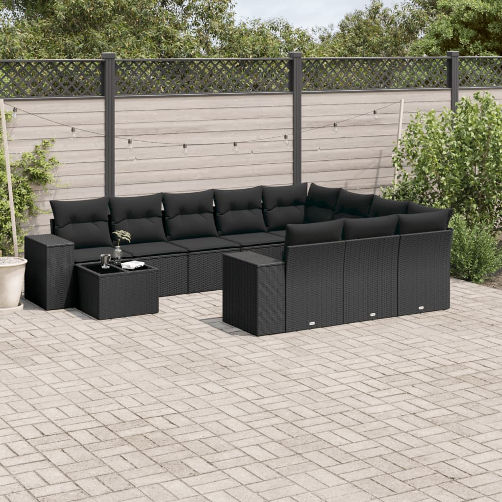 11 Pcs conjunto sofás de jardim c/ almofadões vime PE preto