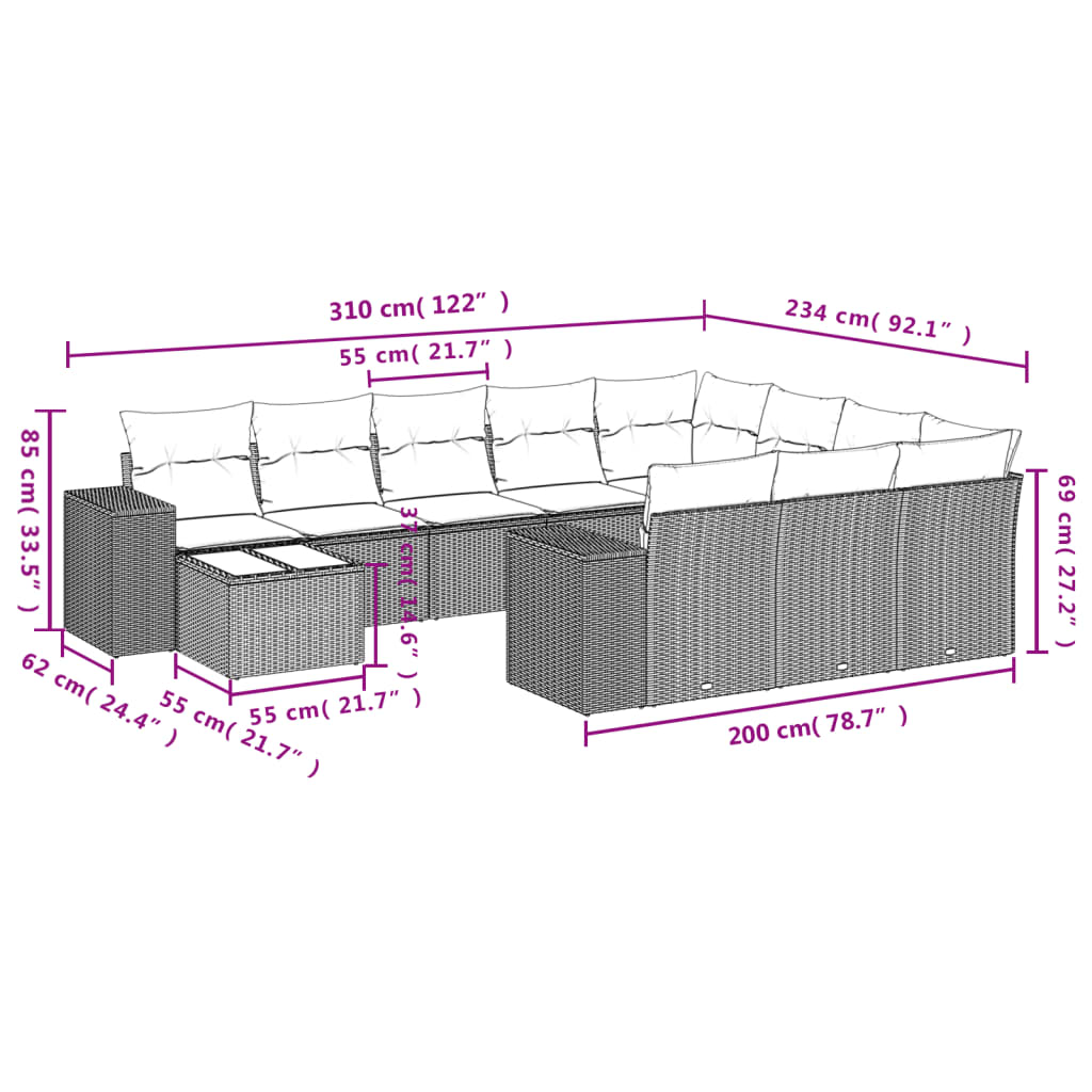 11 Pcs conjunto sofás de jardim c/ almofadões vime PE preto