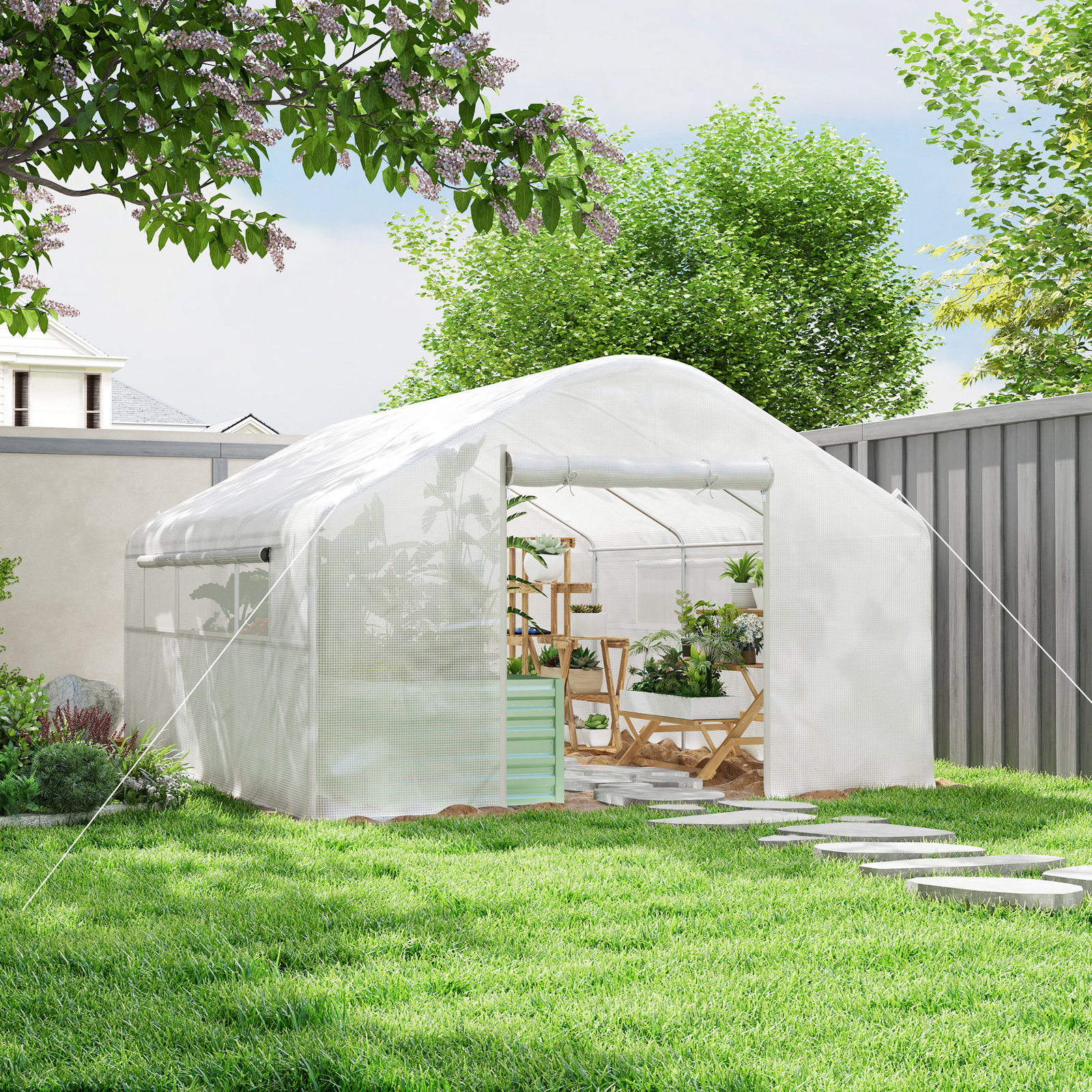 Estufa tipo túnel 4x3x2 m estufa de exterior com 2 janelas cobertura PE anti UV e 1 porta de enrolar branco