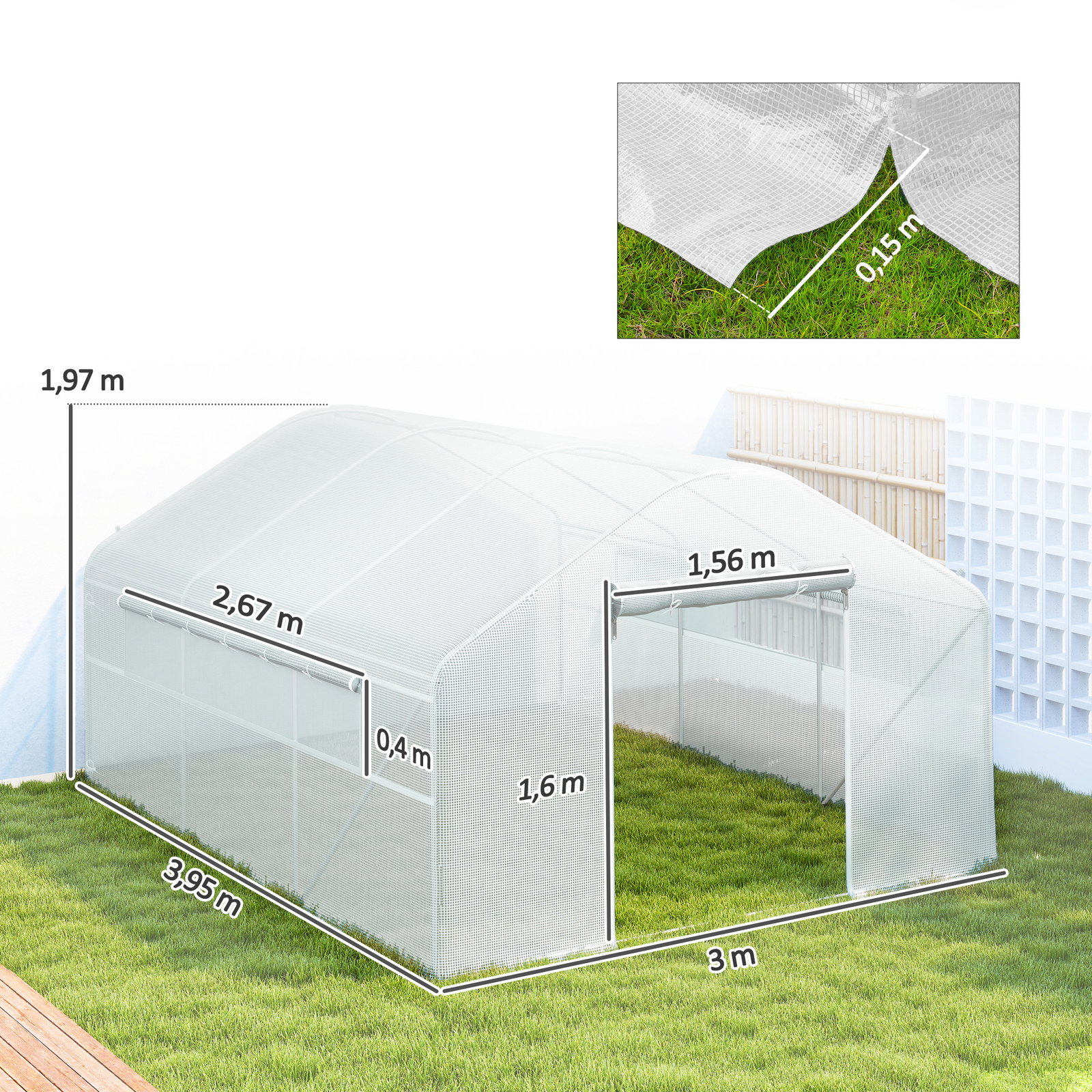 Estufa tipo túnel 4x3x2 m estufa de exterior com 2 janelas cobertura PE anti UV e 1 porta de enrolar branco
