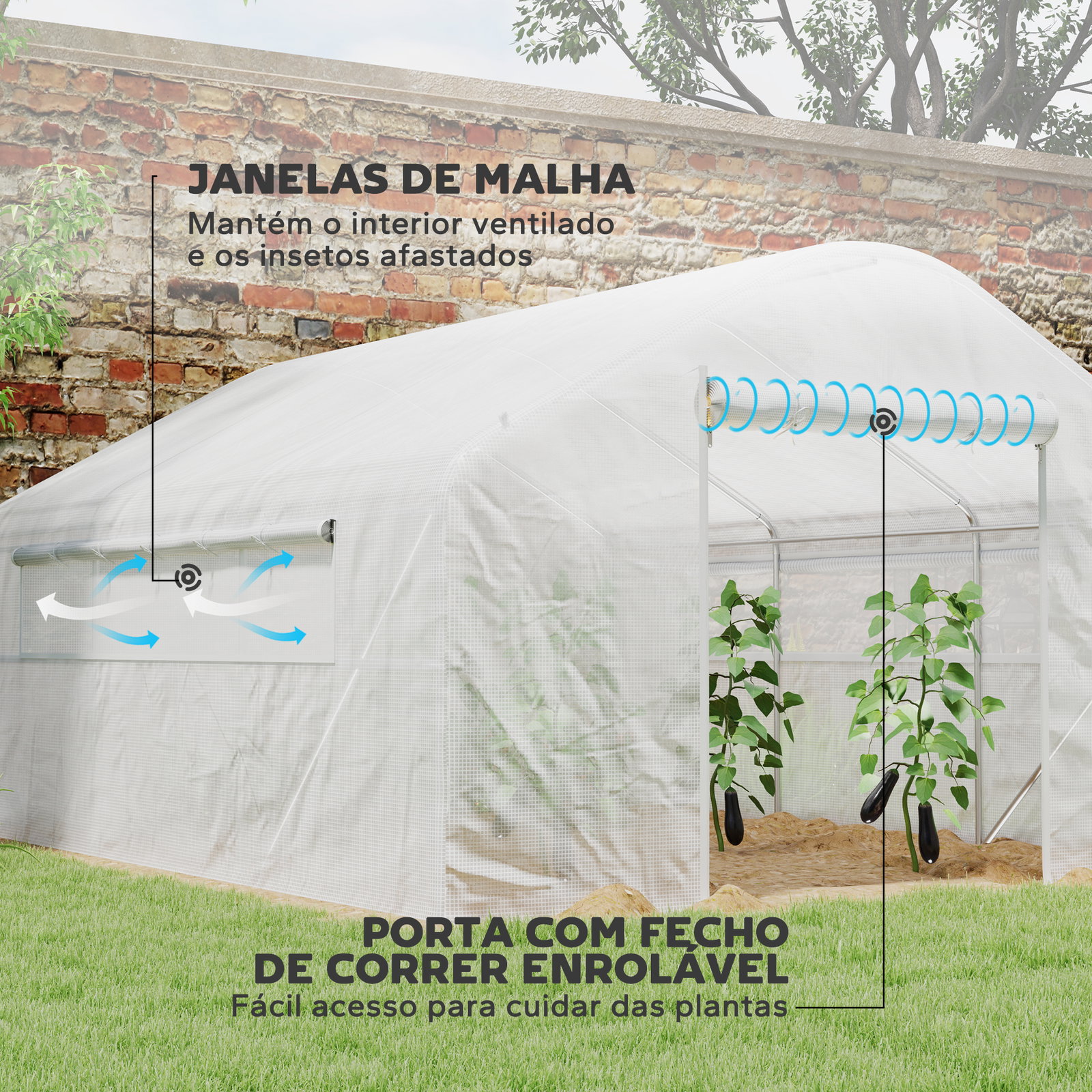 Estufa tipo túnel 4x3x2 m estufa de exterior com 2 janelas cobertura PE anti UV e 1 porta de enrolar branco