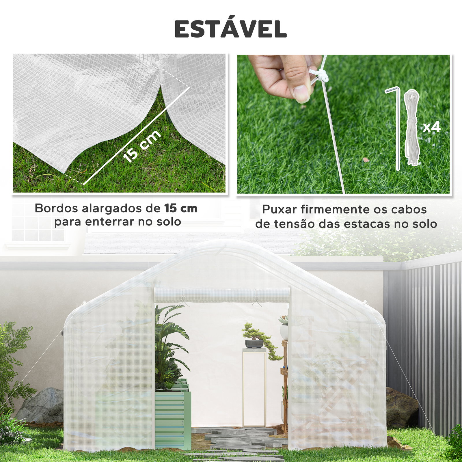 Estufa tipo túnel 4x3x2 m estufa de exterior com 2 janelas cobertura PE anti UV e 1 porta de enrolar branco
