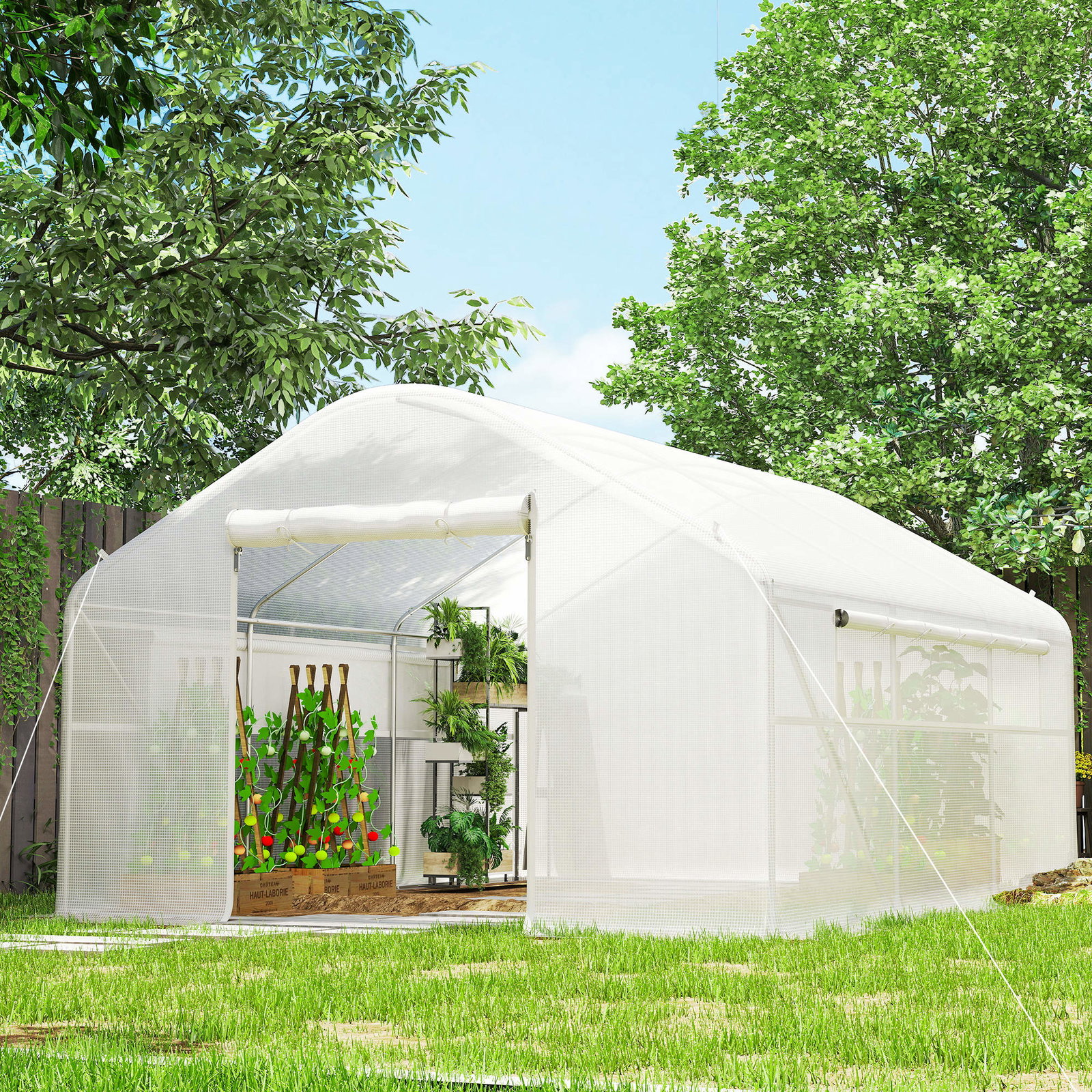 Estufa tipo túnel 4x3x2 m estufa de exterior com 2 janelas cobertura PE anti UV e 1 porta de enrolar branco