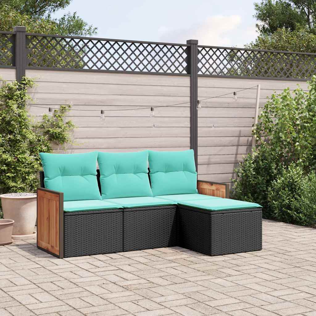 Conjunto de sofá de jardim com 4 peças e almofadas em rattan sintético preto