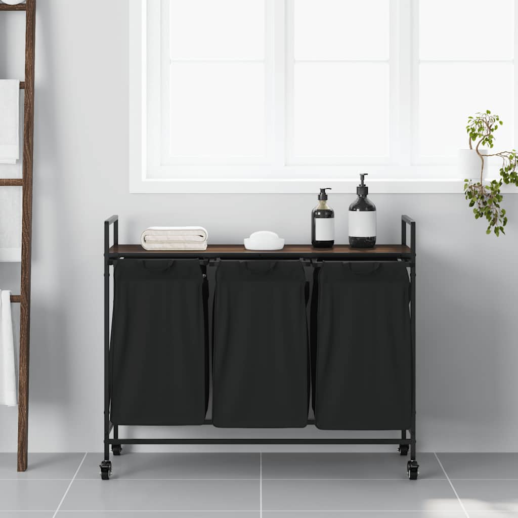 Cesto de roupa suja com 3 compartimentos e rodas, cor carvalho marrom