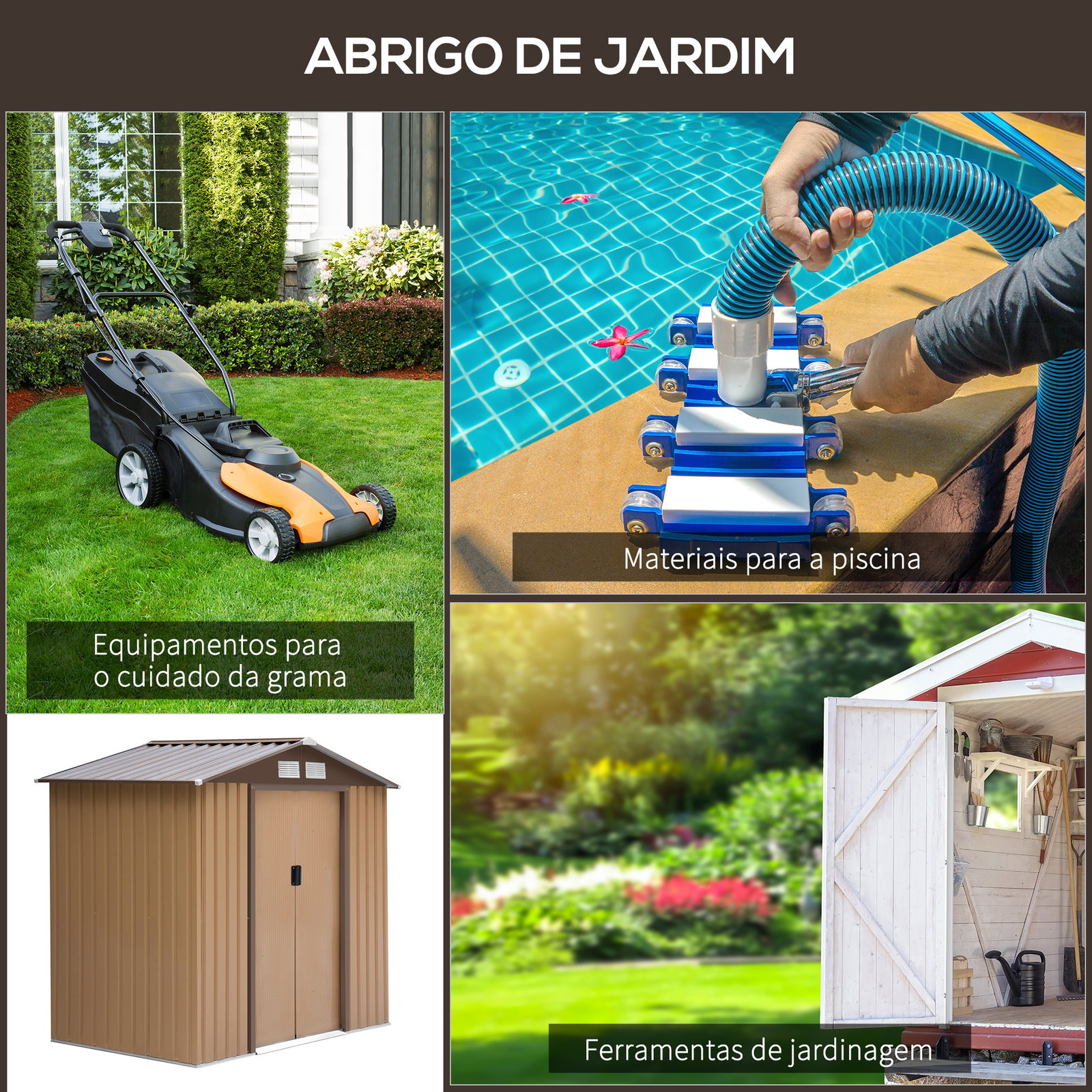 Abrigo de Jardim 213x130x185cm Abrigo de Jardim Metálico de Exterior com 2 Portas Deslizantes e 4 Janelas Marrom Claro