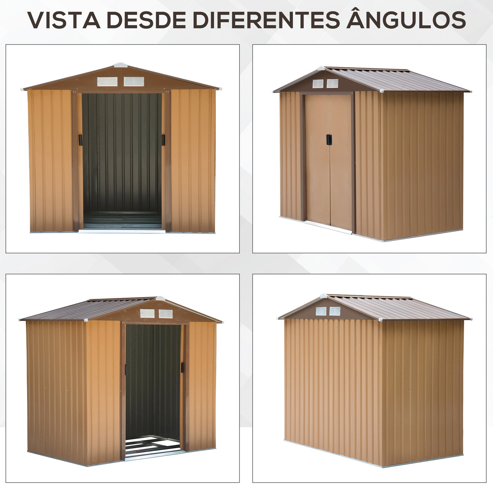 Abrigo de Jardim 213x130x185cm Abrigo de Jardim Metálico de Exterior com 2 Portas Deslizantes e 4 Janelas Marrom Claro
