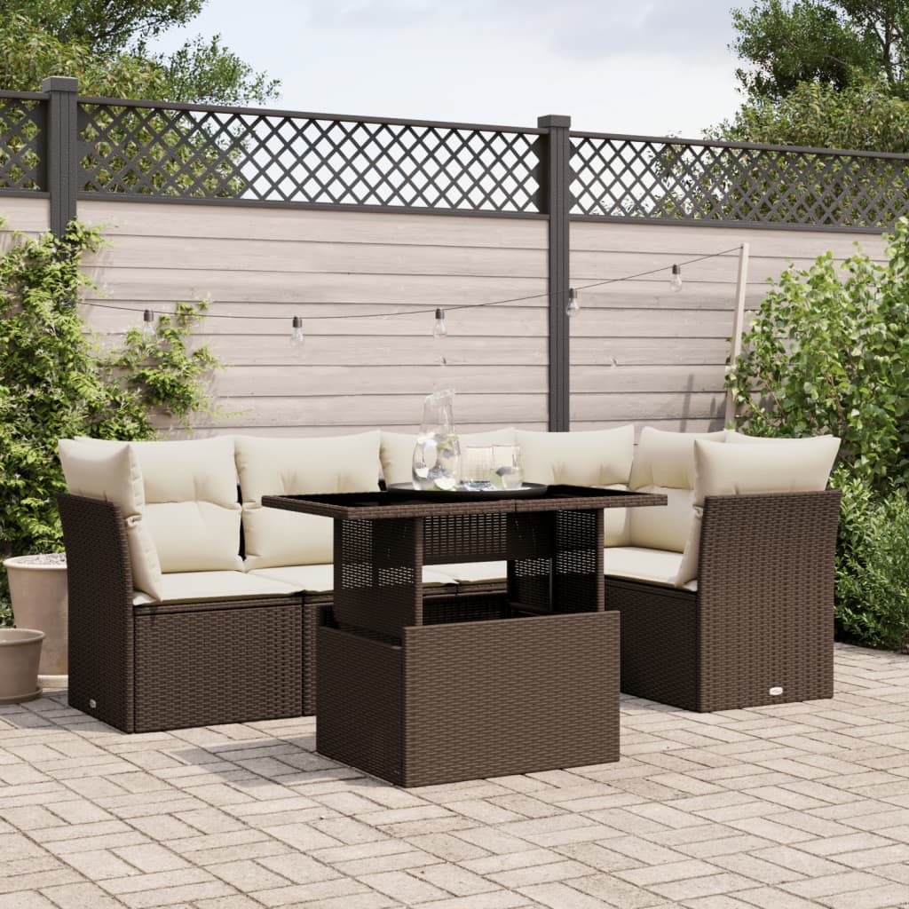 6 Pcs conjunto de sofás jardim c/ almofadões vime PE castanho