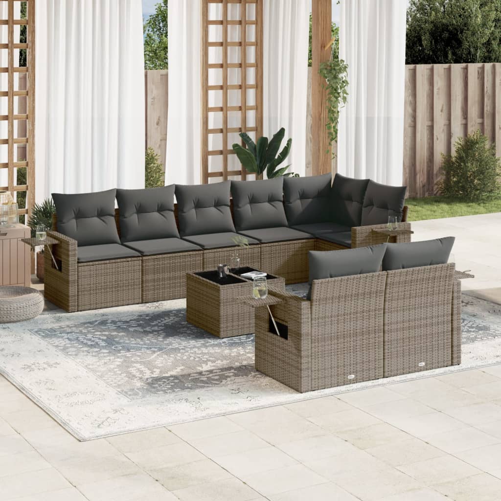 9 Pcs conjunto sofás p/ jardim com almofadões vime PE cinzento
