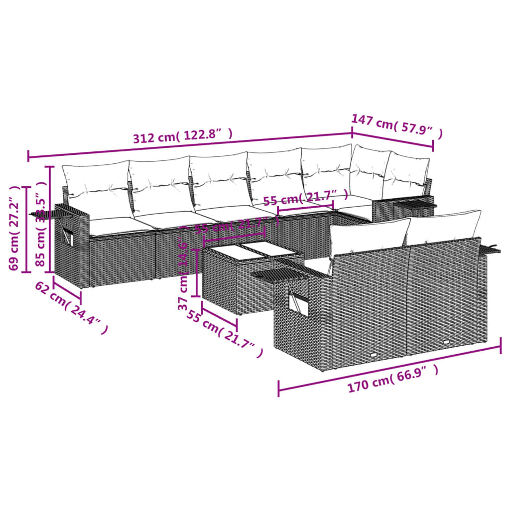 9 Pcs conjunto sofás p/ jardim com almofadões vime PE cinzento