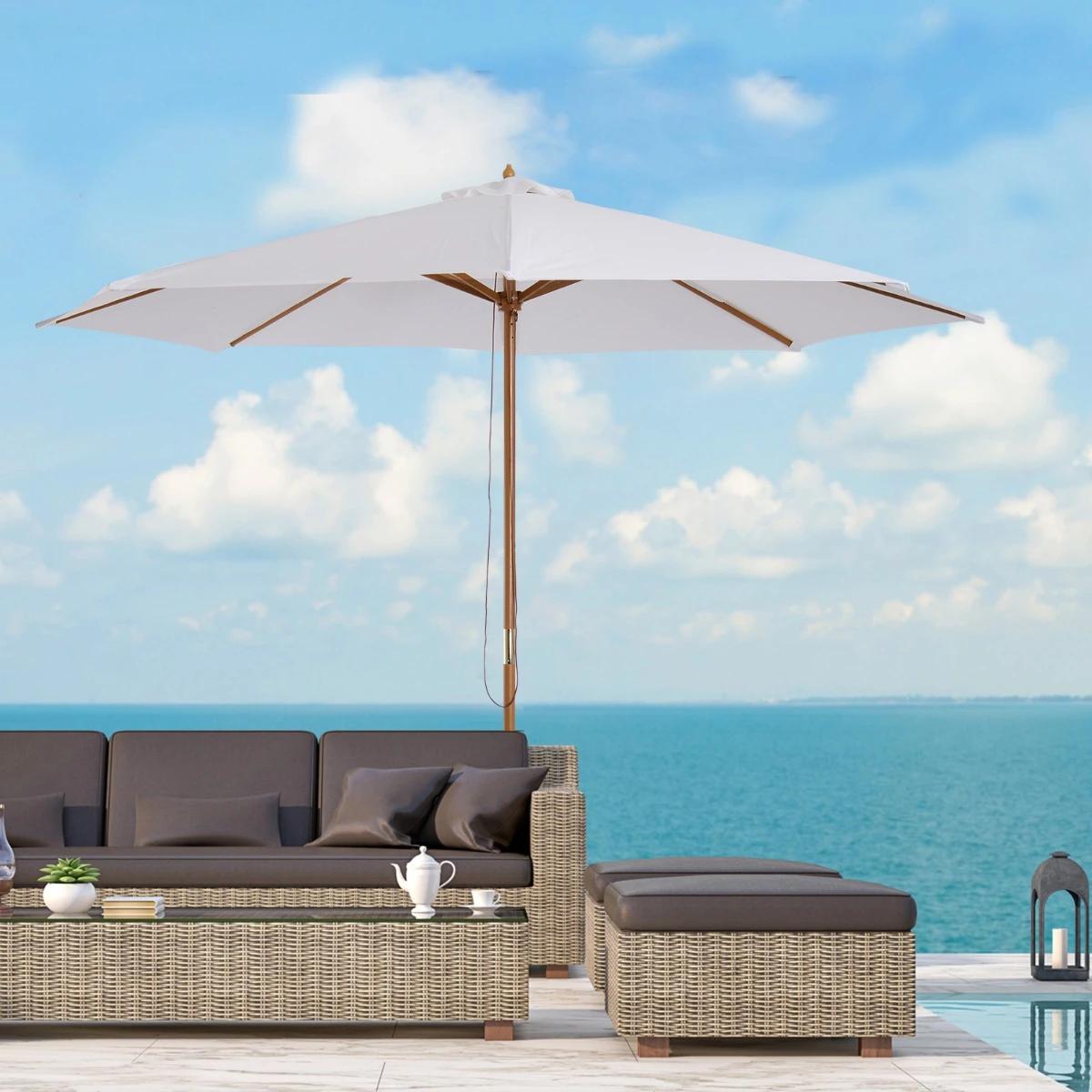 Chapéu de sol de jardim ø300x250cm com sistema de polia teto ventilado e mastro desmontável de madeira para terraço pátio exterior branco
