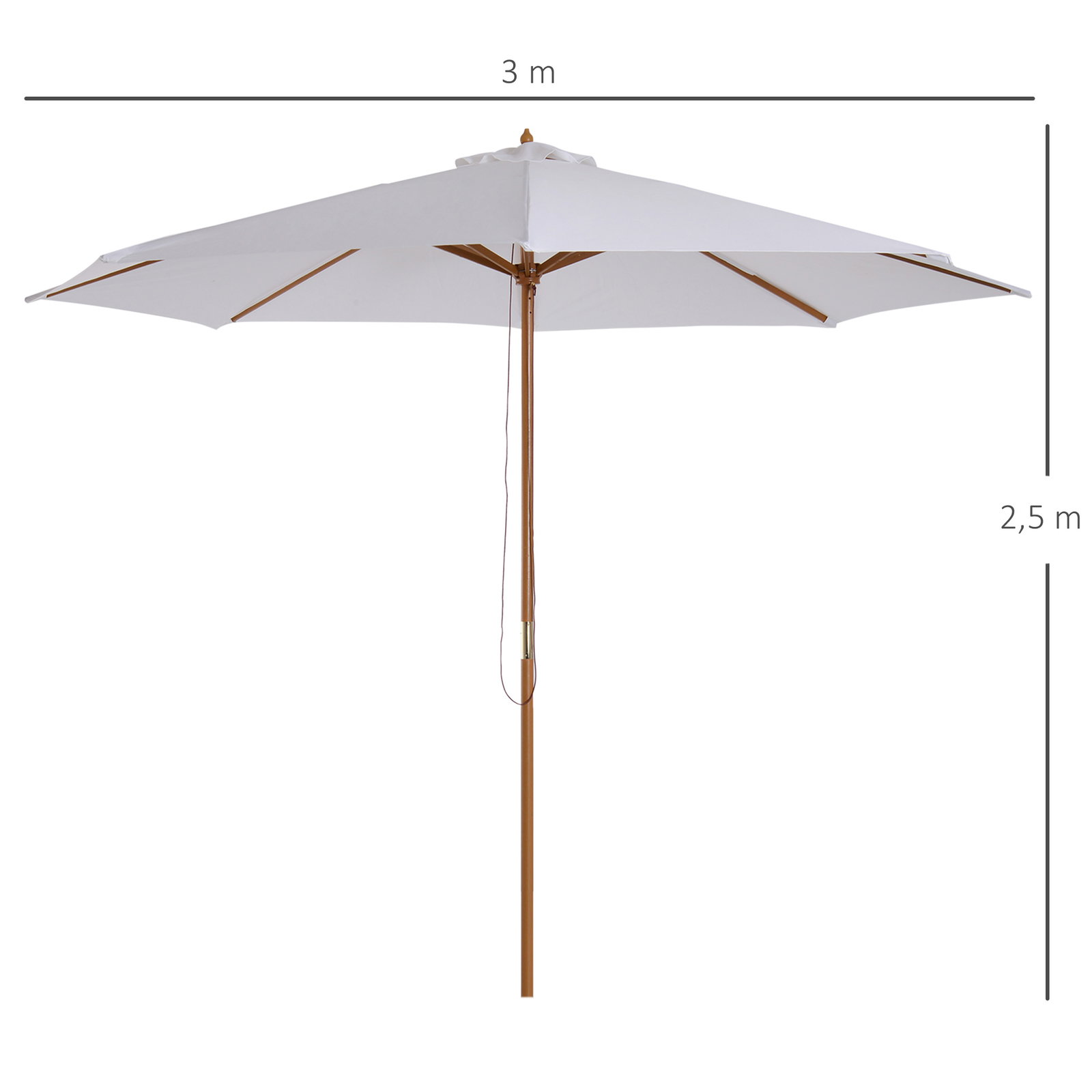 Chapéu de sol de jardim ø300x250cm com sistema de polia teto ventilado e mastro desmontável de madeira para terraço pátio exterior branco