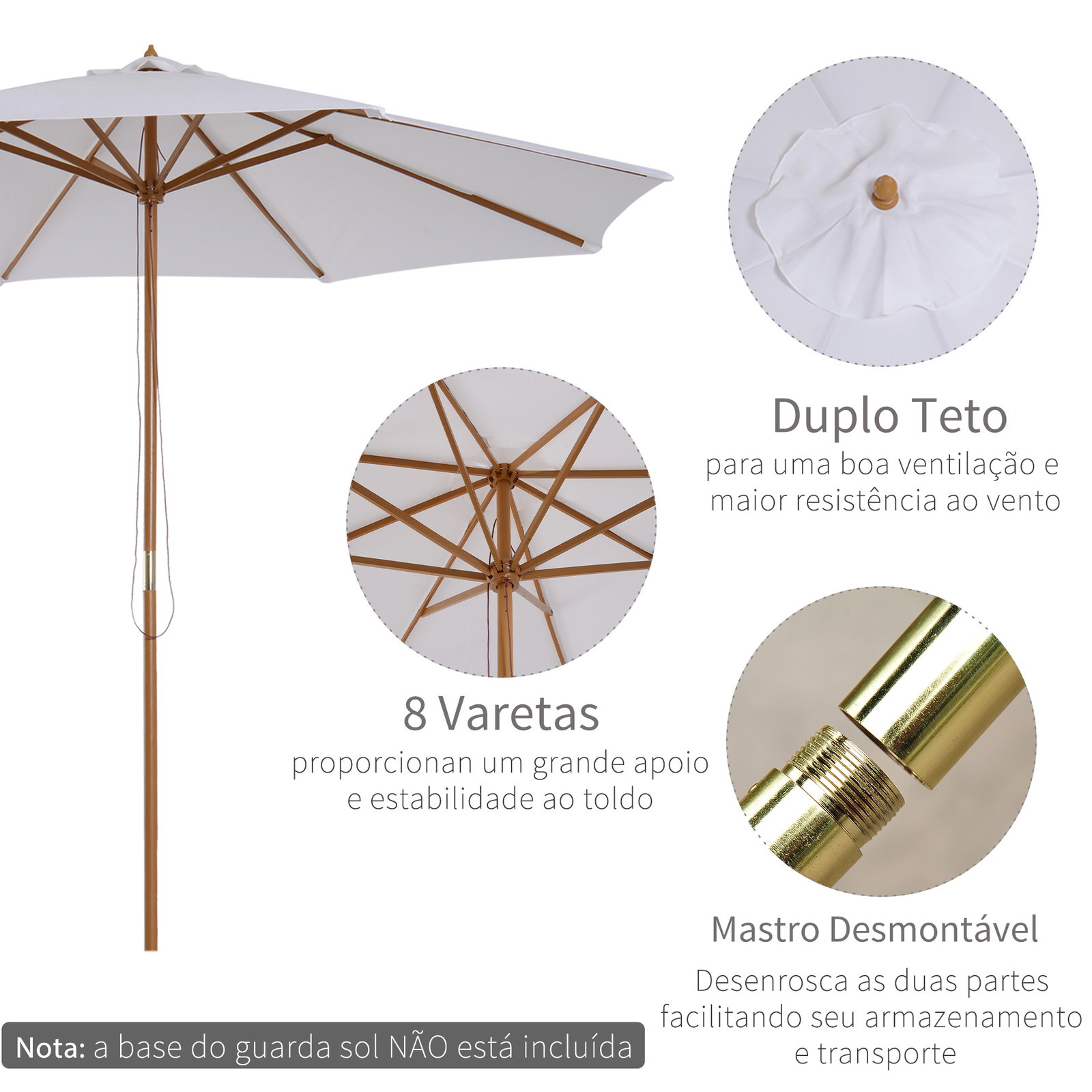 Chapéu de sol de jardim ø300x250cm com sistema de polia teto ventilado e mastro desmontável de madeira para terraço pátio exterior branco