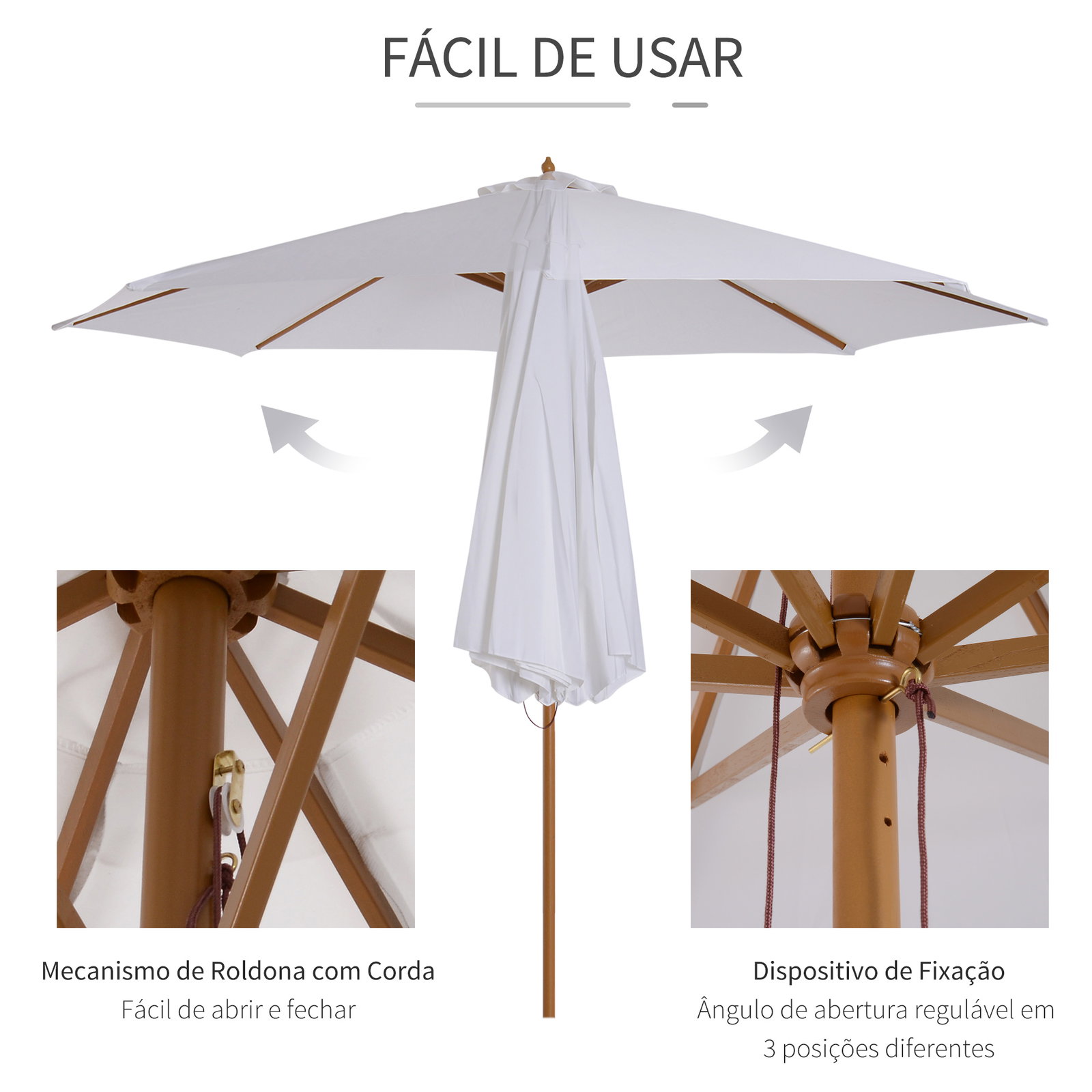 Chapéu de sol de jardim ø300x250cm com sistema de polia teto ventilado e mastro desmontável de madeira para terraço pátio exterior branco