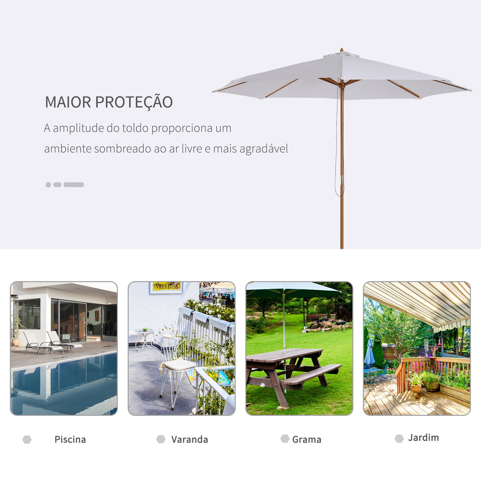 Chapéu de sol de jardim ø300x250cm com sistema de polia teto ventilado e mastro desmontável de madeira para terraço pátio exterior branco