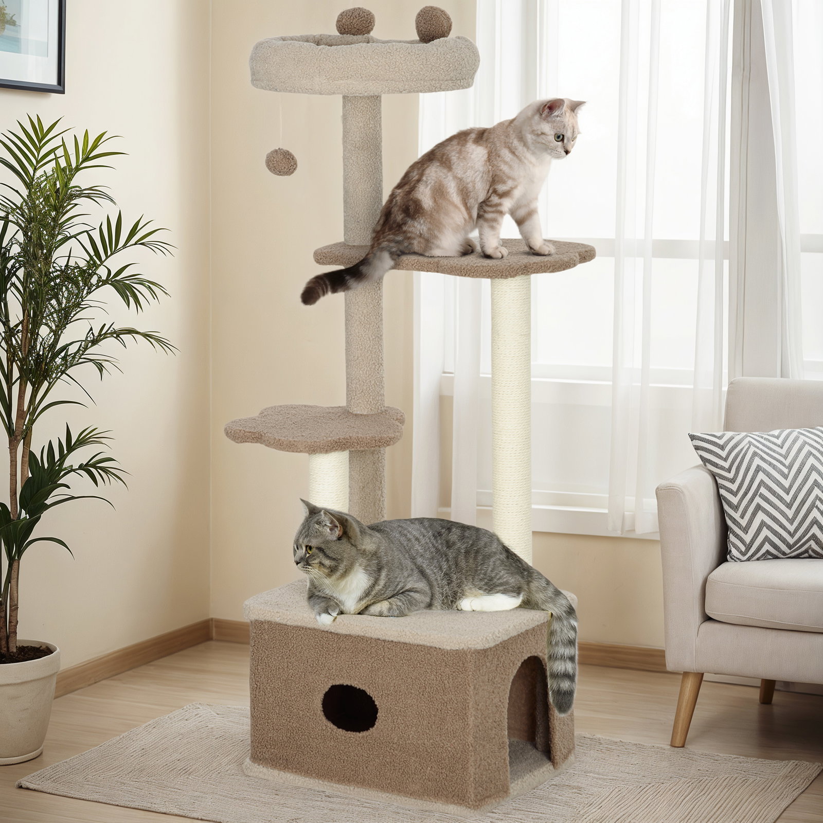 Arranhador para gatos com cama caverna plataformas bola suspensa e poste de juta 48x40x133 cm marrom