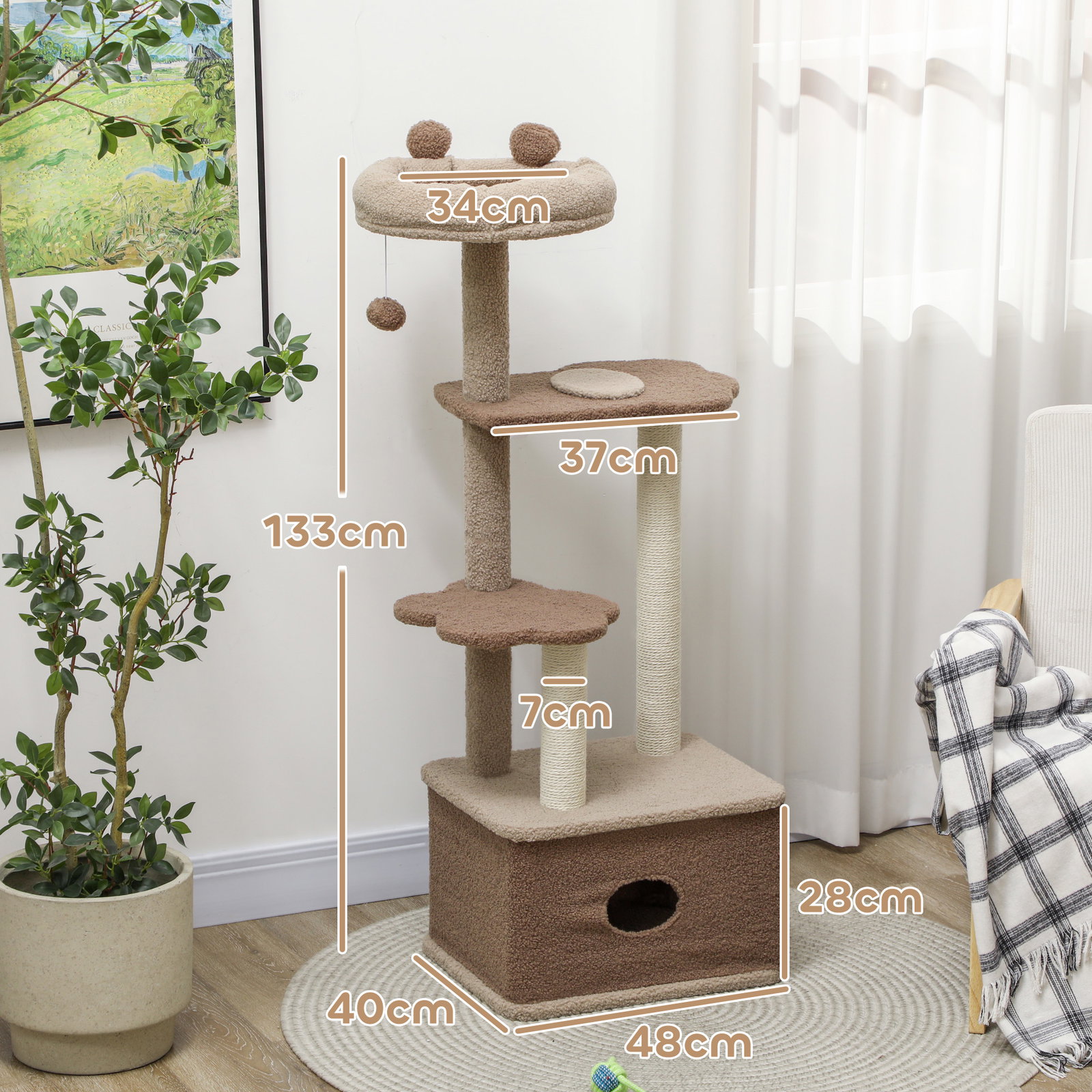 Arranhador para gatos com cama caverna plataformas bola suspensa e poste de juta 48x40x133 cm marrom