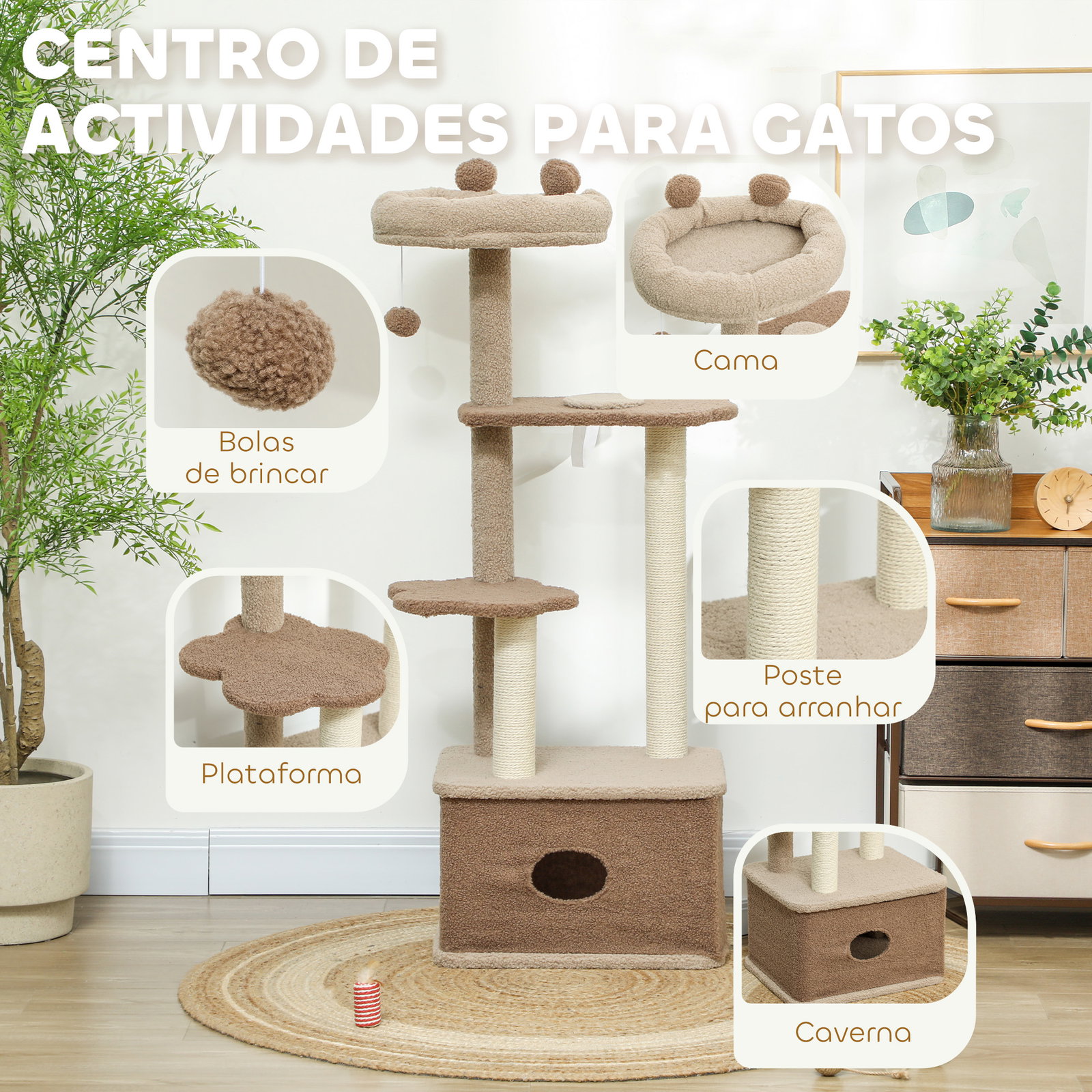 Arranhador para gatos com cama caverna plataformas bola suspensa e poste de juta 48x40x133 cm marrom