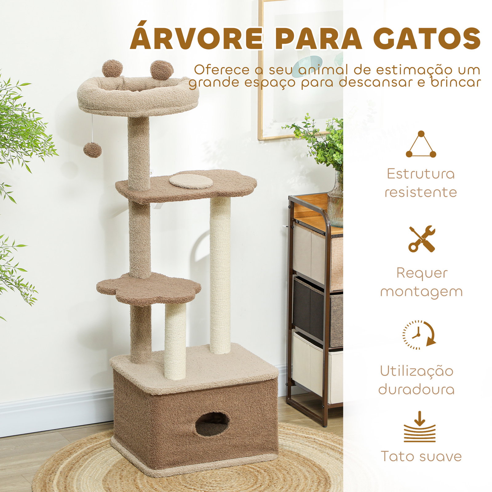 Arranhador para gatos com cama caverna plataformas bola suspensa e poste de juta 48x40x133 cm marrom