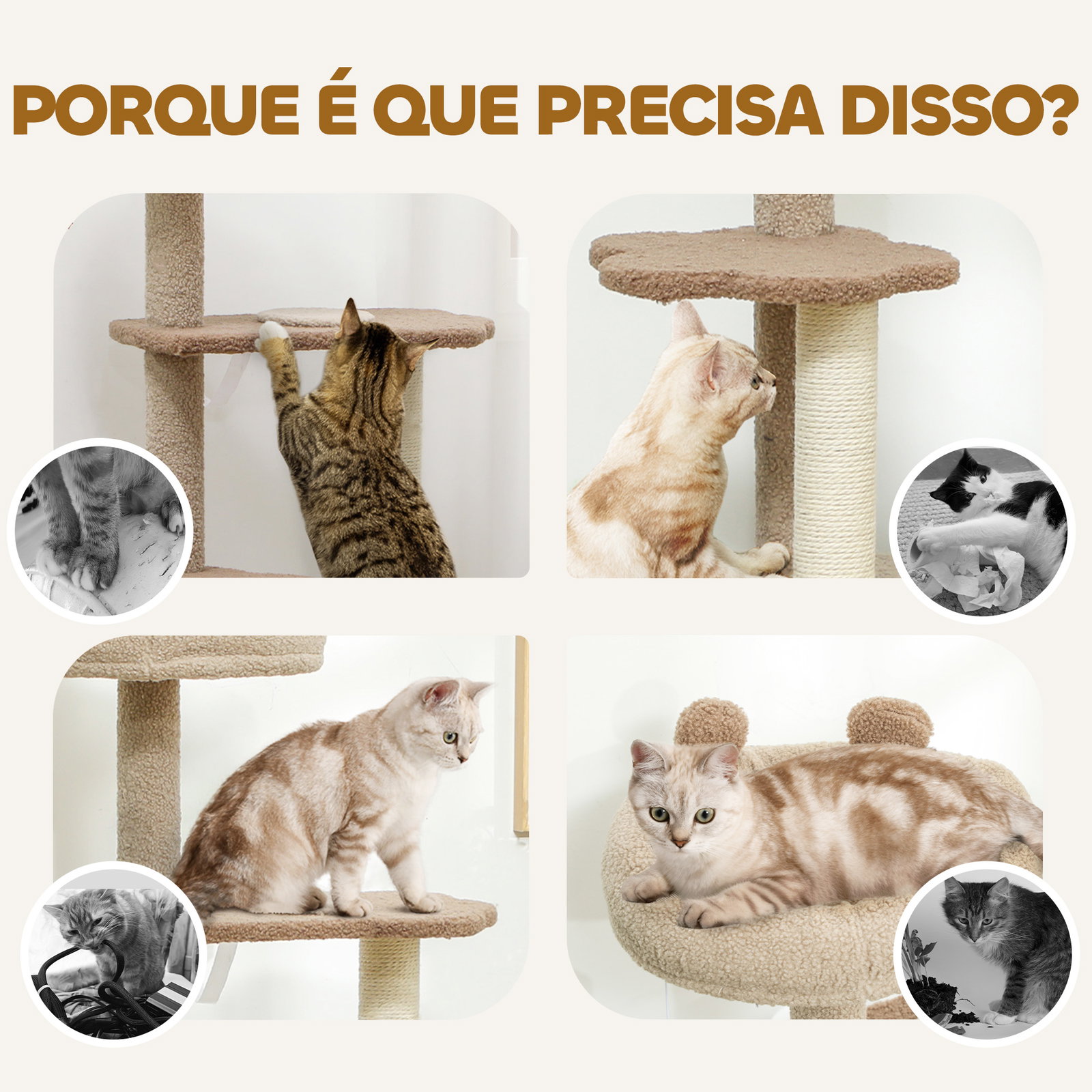 Arranhador para gatos com cama caverna plataformas bola suspensa e poste de juta 48x40x133 cm marrom