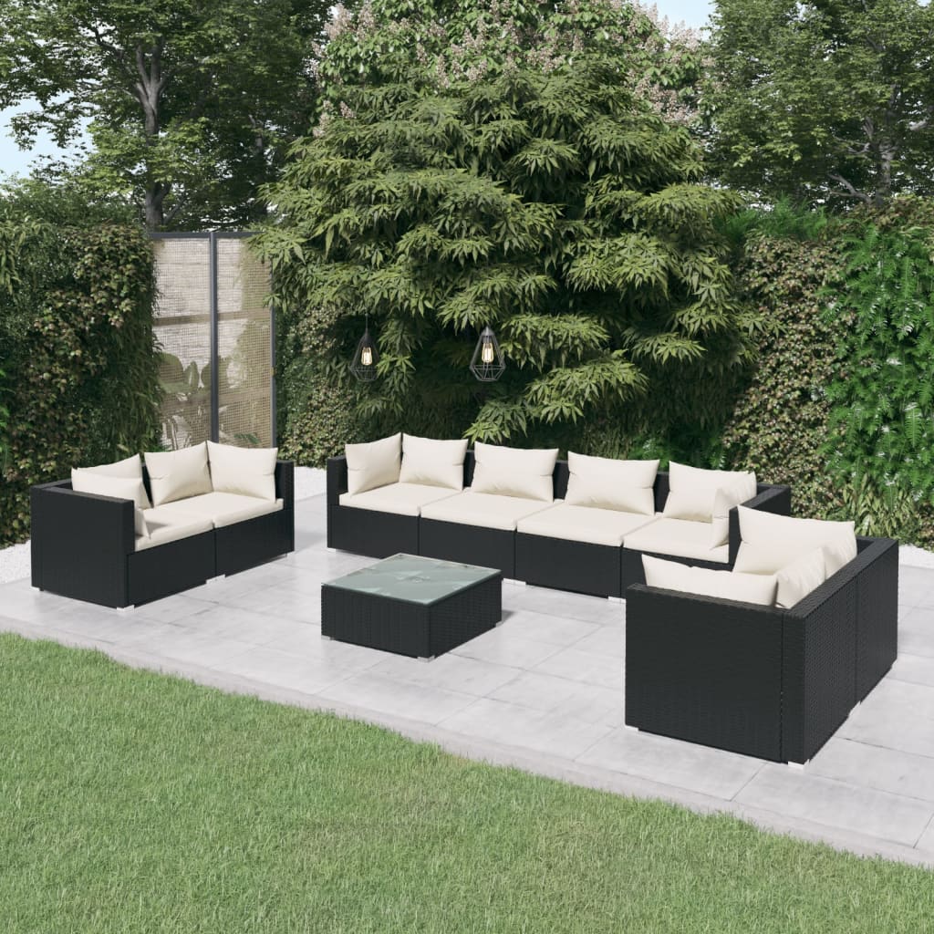 9 Pcs conjunto lounge de jardim c/ almofadões vime PE preto