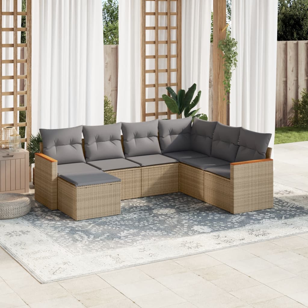 7 Pcs conj. sofás jardim c/ almofadões vime PE bege misturado
