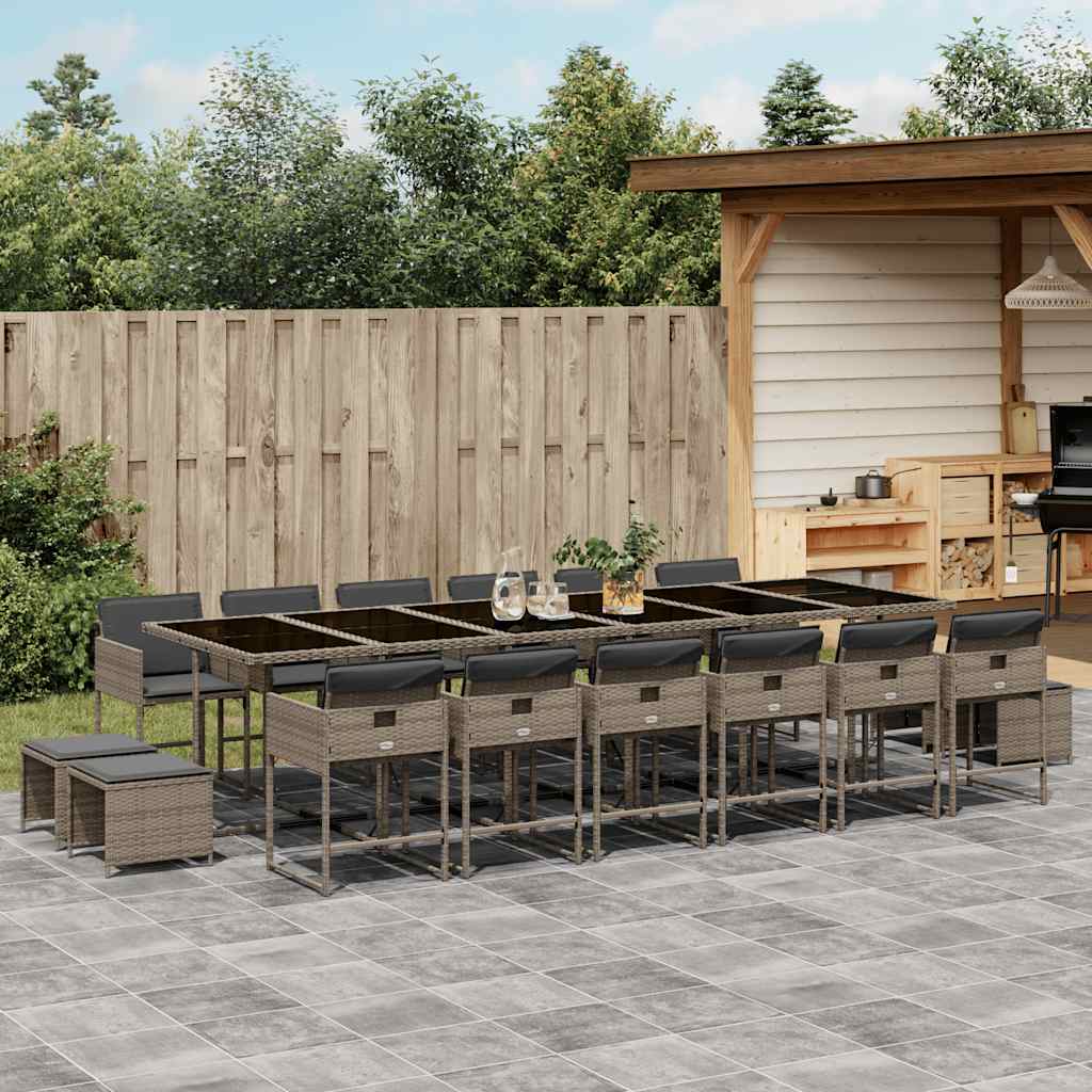 17 Pcs conj. de jantar p/ jardim c/ almofadões vime PE cinzento
