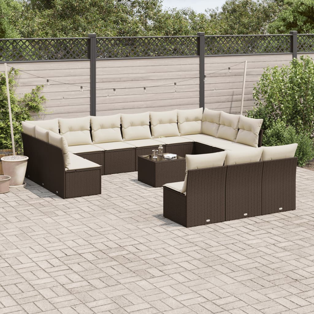 14 Pcs conjunto sofás p/ jardim c/ almofadões vime PE castanho