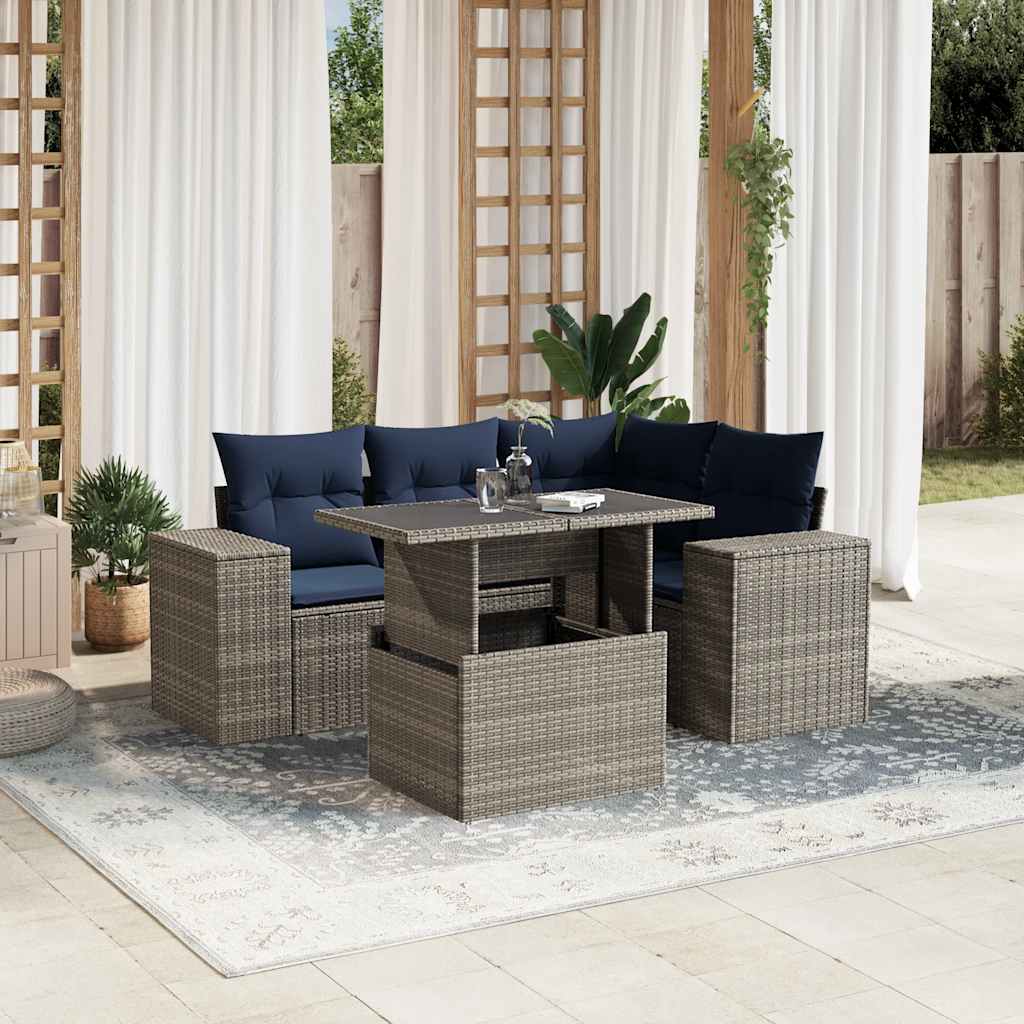 Conjunto de sofá de jardim de 5 peças com almofadas em rattan sintético cinza