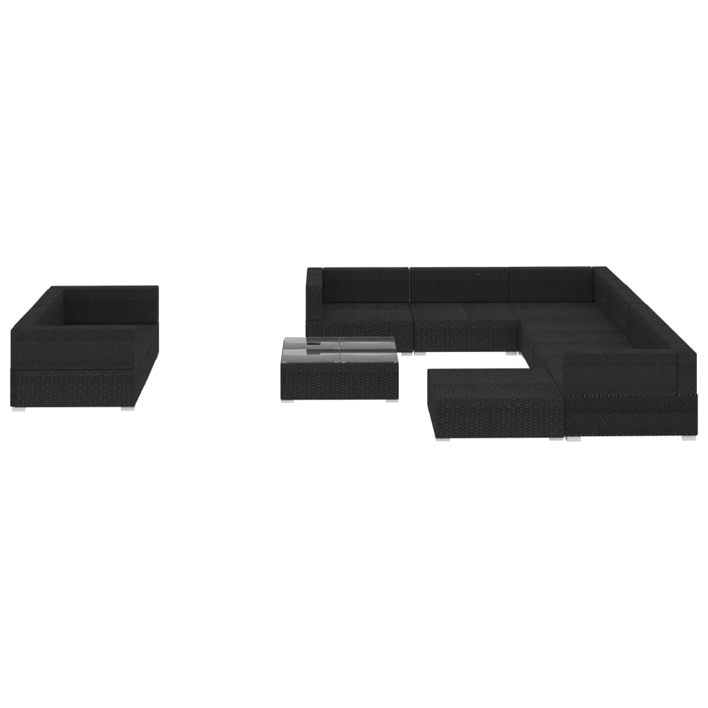 10 Pcs conjunto lounge de jardim c/ almofadões vime PE preto