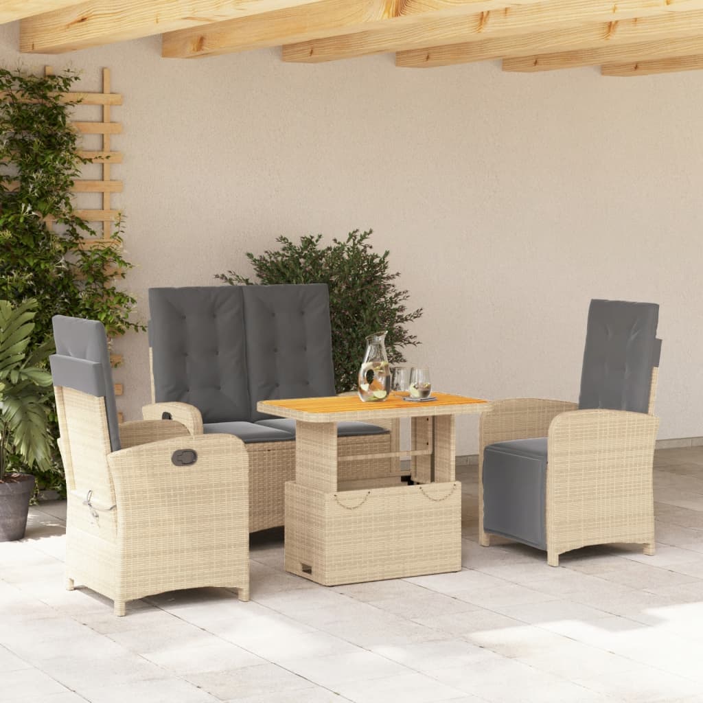 4 Pcs conjunto de jantar p/ jardim c/ almofadões vime PE bege