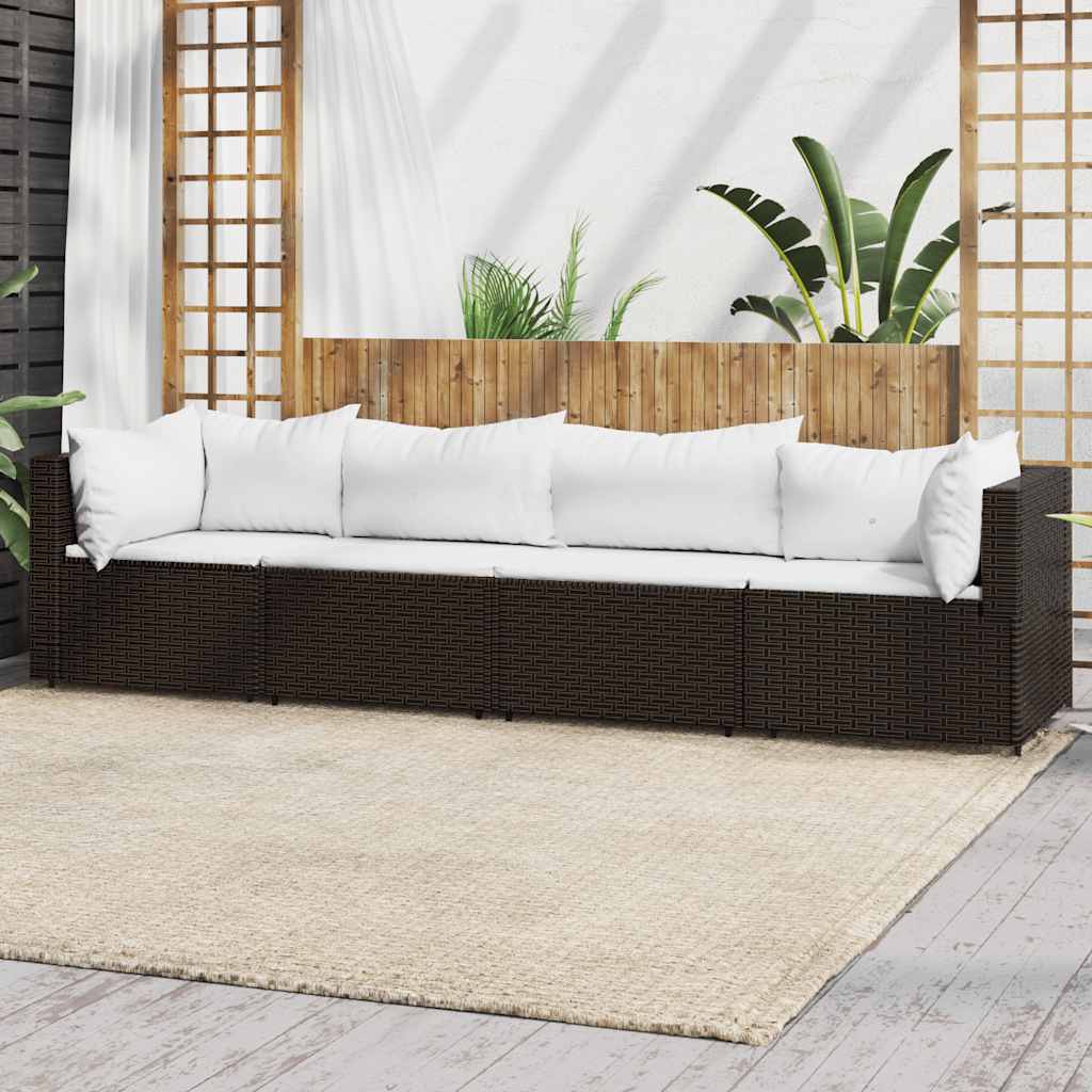 4 Pcs conjunto lounge jardim c/ almofadões vime PE castanho