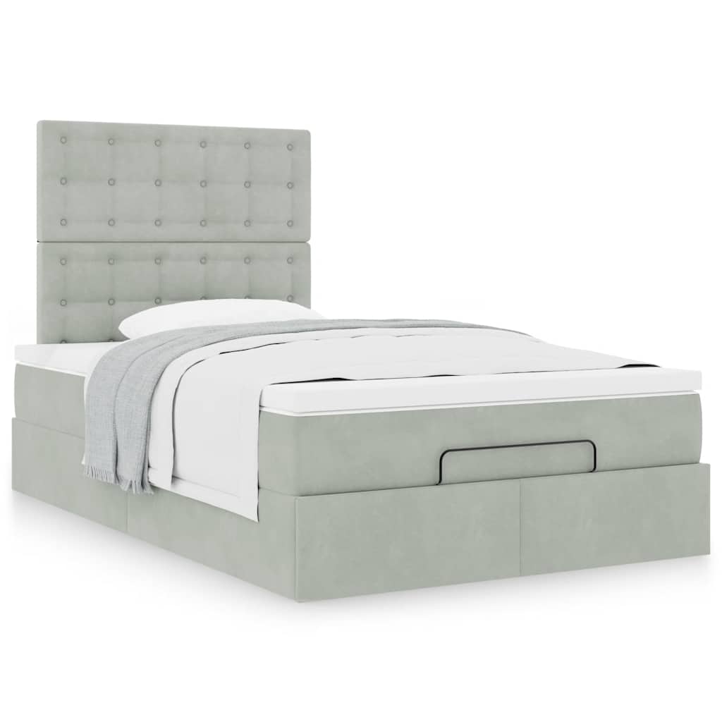 Estrutura de cama otomana com colchões cinza claro veludo