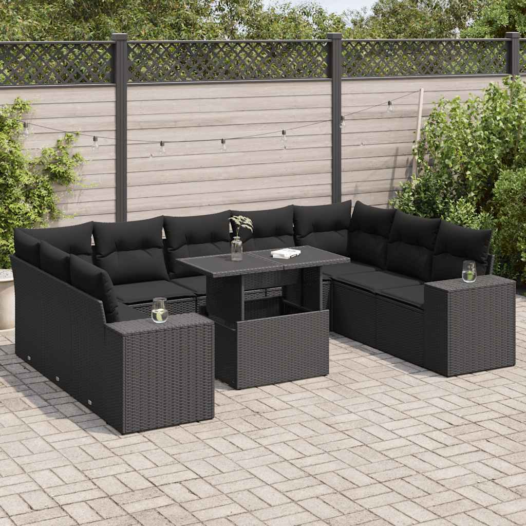 10 Pcs conjunto sofás de jardim c/ almofadões vime PE preto