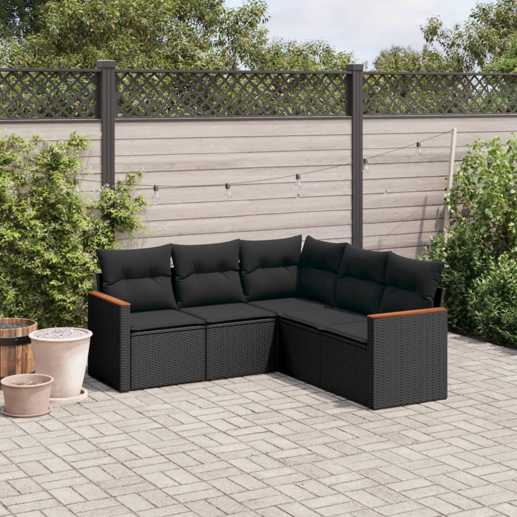 5 Pcs conjunto sofás de jardim com almofadões vime PE preto