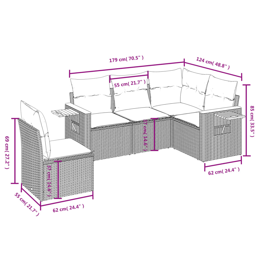 5 Pcs conjunto de sofás p/ jardim com almofadões vime PE bege