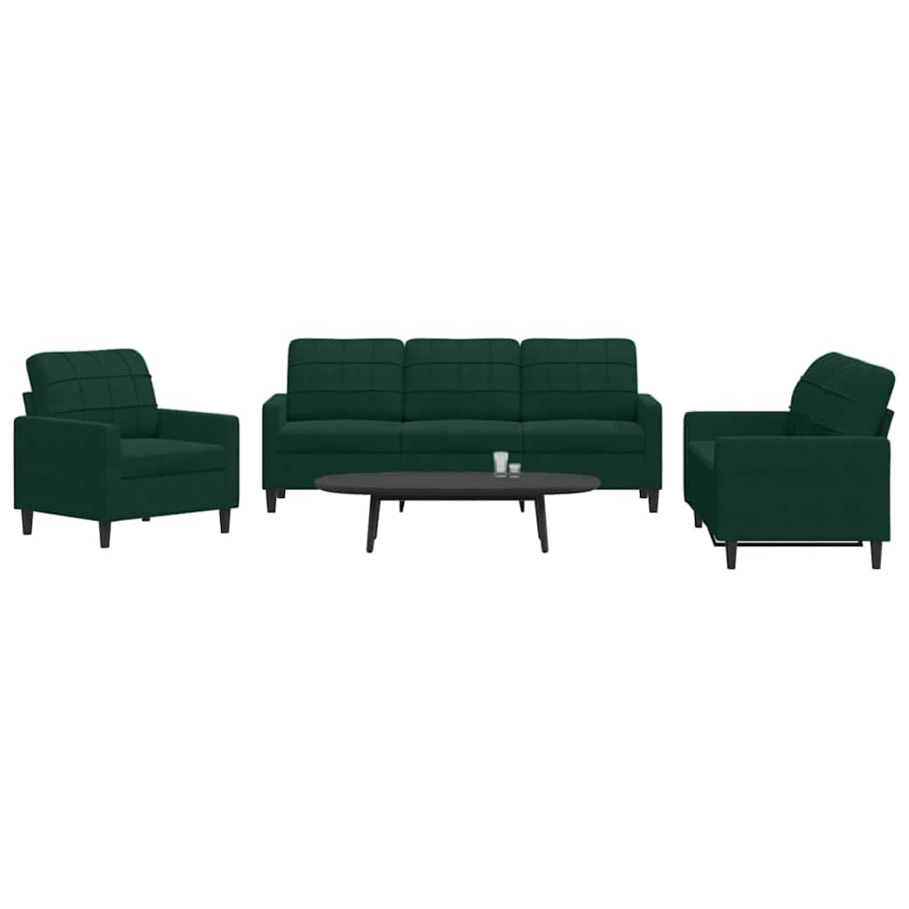 3 Pcs conjunto de sofás com almofadões veludo verde-escuro