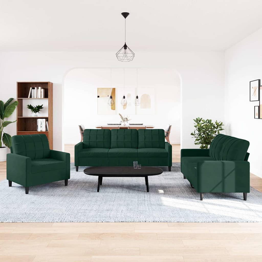 3 Pcs conjunto de sofás com almofadões veludo verde-escuro