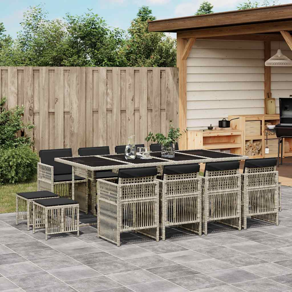 13 Pcs conj. jantar jardim c/ almofadões vime PE cinzento-claro